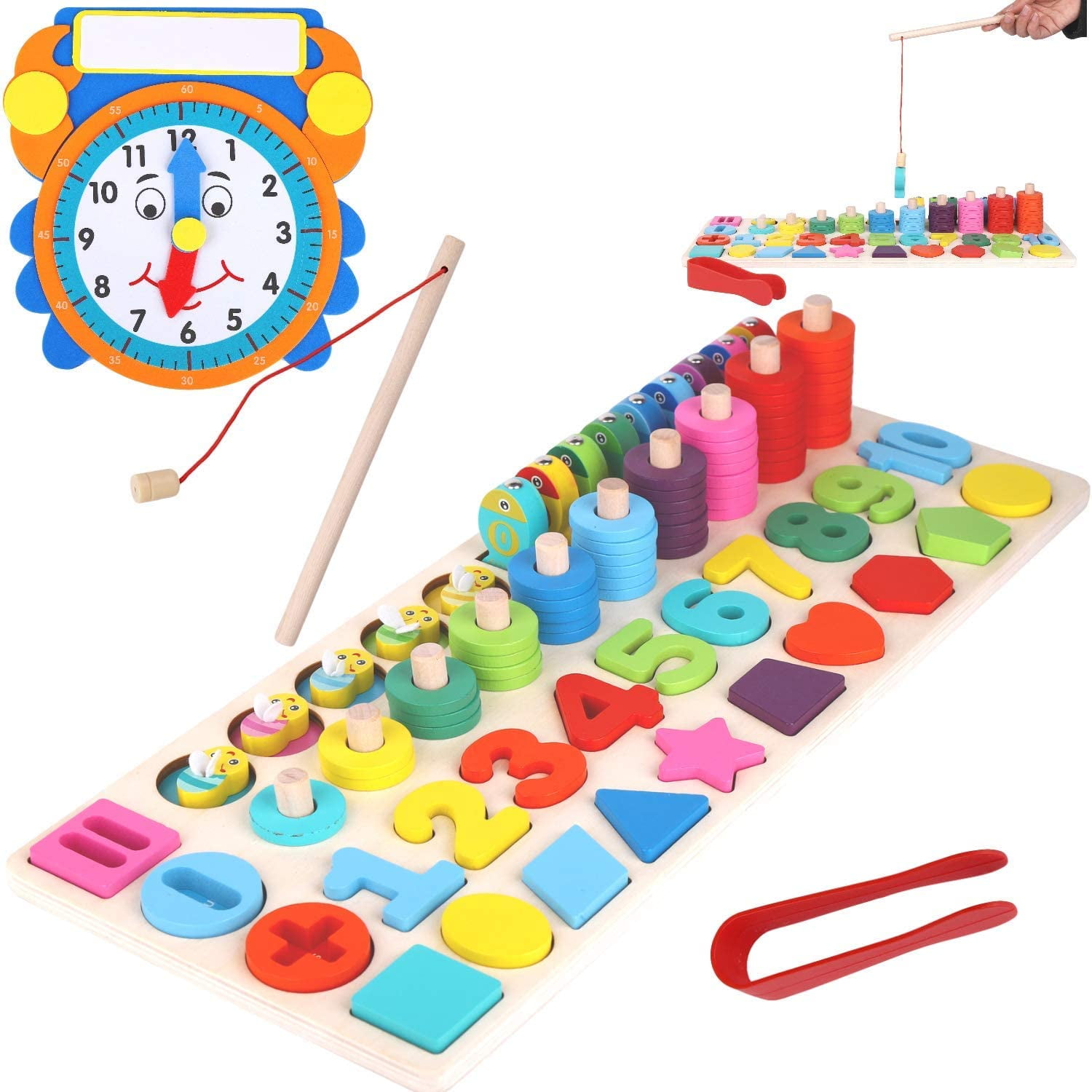 4 in 1 Wooden Number/Rings/Shape/Color Montessori Game Preschool Learning 