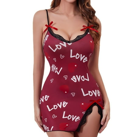 Tao Tao Chemise For Women Fitted Lace Nightgown Sleepwear Side Slit Nightie V Neck Sleeveless Babydoll Red XL