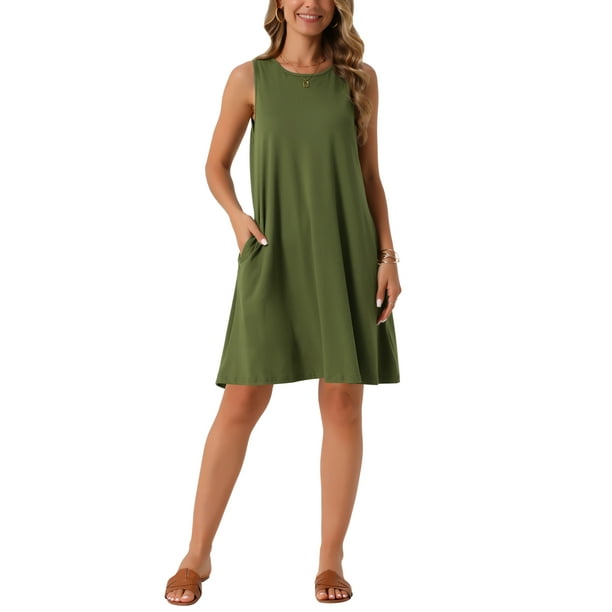 INSPIRE CHIC Vestidos de Verano para Mujeres, Vestido de Tirantes con Estampado de Tie Dye, Vestido Casual de Playa Sin Mangas, Vestido Suelto de Camiseta con Bolsillos XL Verde Ejército