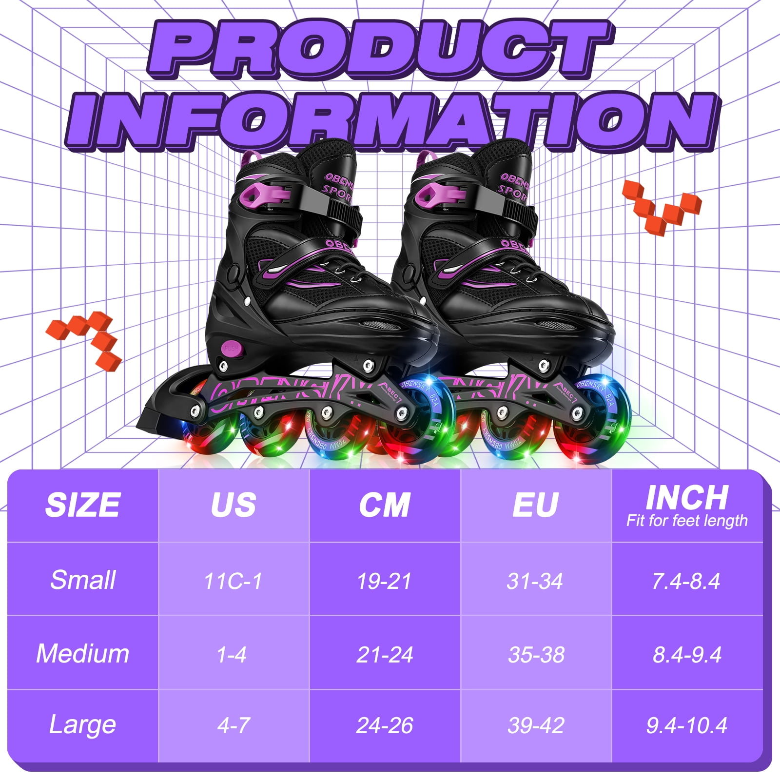 (2 pack) OBENSKY Adjustable Inline Skates, Illuminating Roller Blades for Kids,Girls&Boys Beginner w/ Light up Wheels-Purple