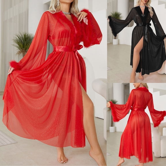 Sakmal Long Length Womens Robes Sheer Bathrobe for Women Black Ladies Robe