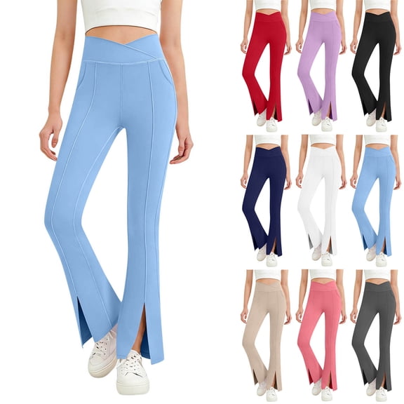 Yeaiivve Kids Girls Workout Pants With Side Pockets Tummy Control Crossover Split Hem Pants Comfort Slimming Fit Yoga Leggings