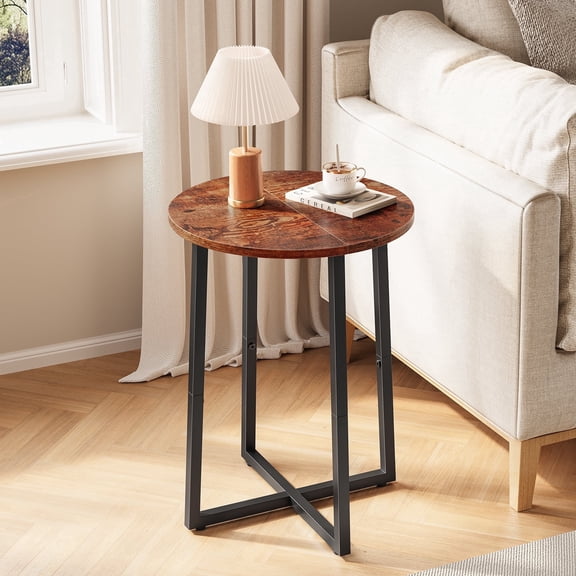 Round Side Table for Small Spaces,Accent End Table with Metal Legs,Small End Tables Living Room,Wood Nightstand for Bedroom,Reddish Brown