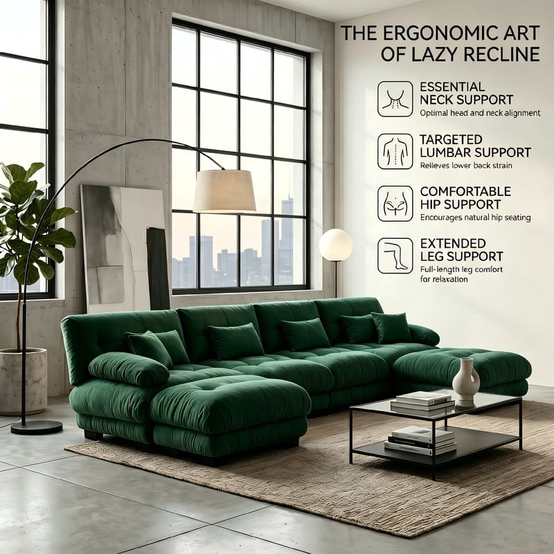 ANPPORT Cloud Couch Sleeper Sofa, Chenille Green 4-Seater Modular Sofa with 2 Ottomans, 4 Lumbar pillows, 2 Pillows, Comfy Deep Seat Cloud Sofa, Convertible L-Shaped Floor Couch for Living Room