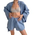 thumbnail image 1 of Conjunto de pantalones cortos de bata de noche para mujer, mangas acampanadas, cierre con cordón, pantalones cortos de bata de verano de color puro para uso en el hogar, azul S, 1 of 6