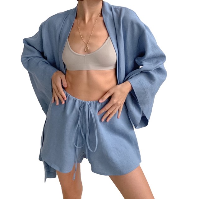 Conjunto de pantalones cortos de bata de noche para mujer, mangas acampanadas, cierre con cordón, pantalones cortos de bata de verano de color puro para uso en el hogar, azul S