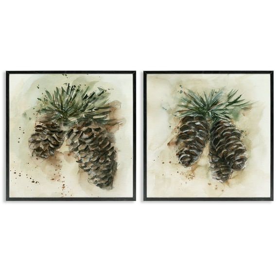 Stupell Industries Watercolor Drawing Pine Cones Plants & Flowers Painting Black Framed Art Print Wall Art, 12 x 12, Set of 2