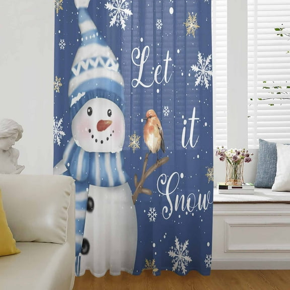 Navy Blue Snowman Christmas Semi Sheer Curtains Drapes for Living Room, Bedroom, French Doors Window 96 Inches Long, Xmas Snowflake Birds Rod Pocket Chiffon Curtain Drapery Voile Draperies Panel