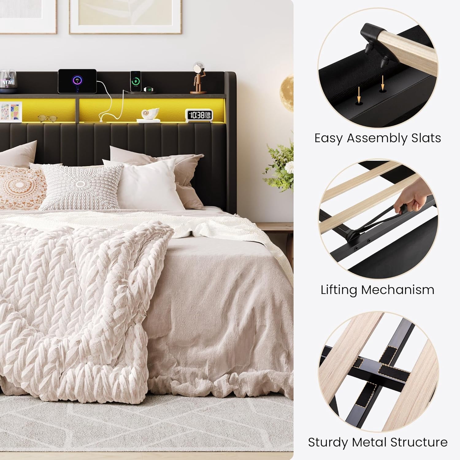 SHA CERLIN Full Size Lift Up Storage Bed Frame, LED Lights, Charging Station, 2-Tier Shelves Headboard, USB Type-C Ports, Velvet Upholstered, Hydraulic Support, Noise Free, Black
