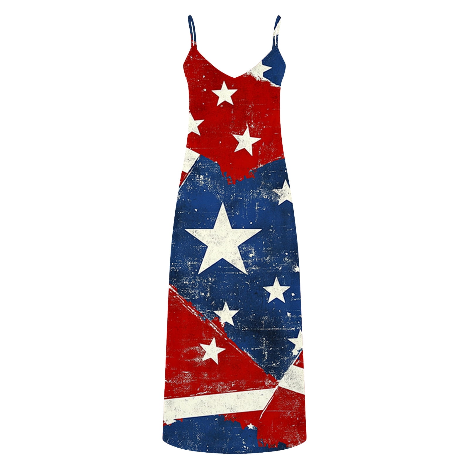 Plus Size Women 4th of July Sleeveless Dress Patriotic V Neck Maxi Dresses Spaghetti Strap Beach Long Dresses