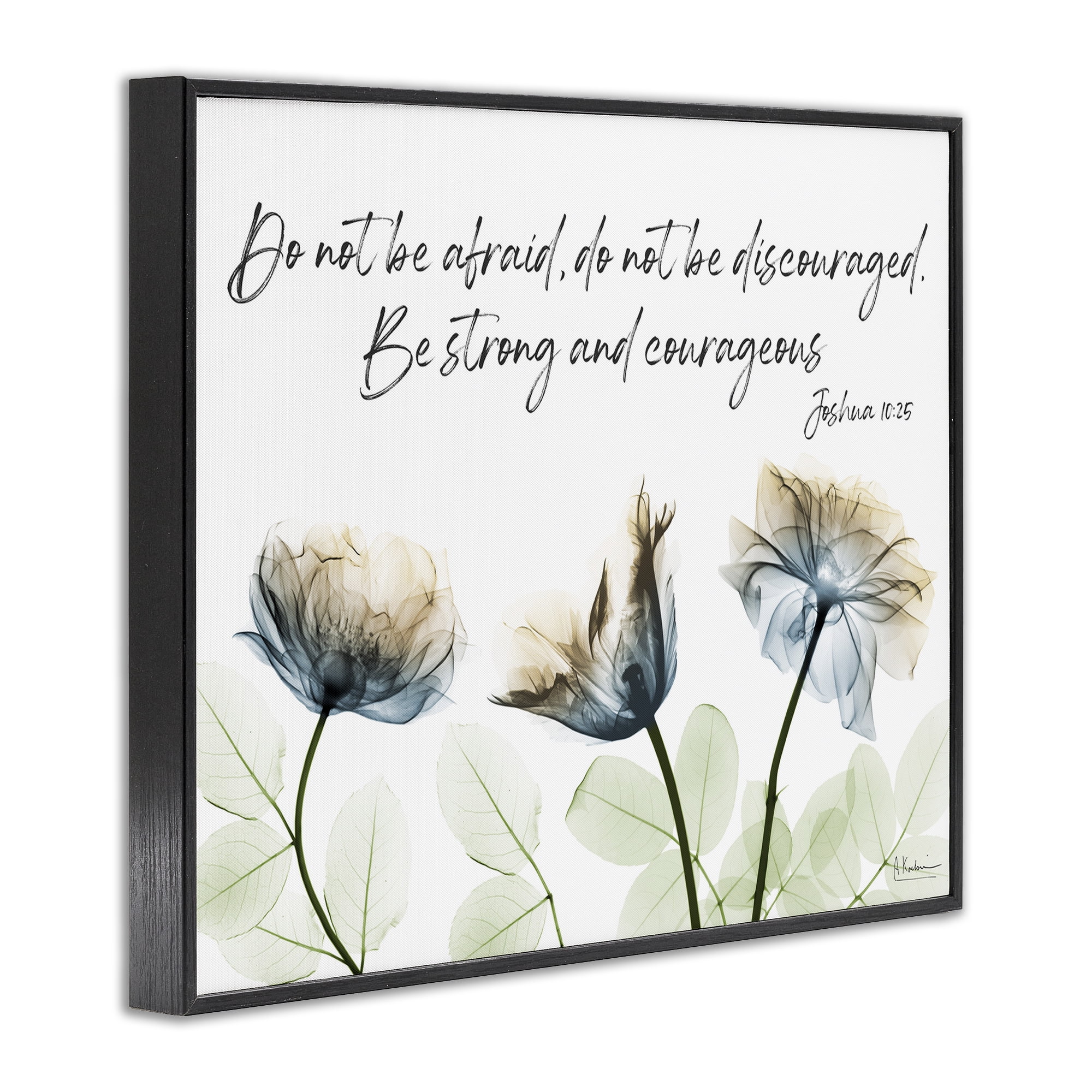 Stupell Industries Strong & Courageous Floral Religious Painting Black Framed Art Print Wall Art, 30 x 24