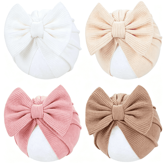 XIBUFE 4 Pieces Baby Girls Turban Hats with Bow Newborn Hospital Caps Bonnets Beanies Headwraps for Infants Toddlers,Soft Newborn Hat