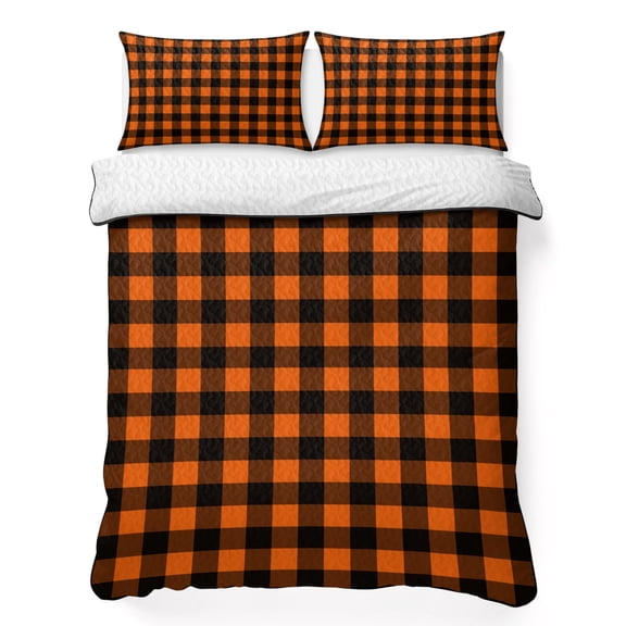 King Quilt Set 96''x106'', Black Orange Plaid Lightweight Summer Bedspread Coverlet Set with 2 Pillow Shams, Farmhouse Buffalo Check Gingham Breathable All Season Quilt Bedding for Bedroom/Guest Room