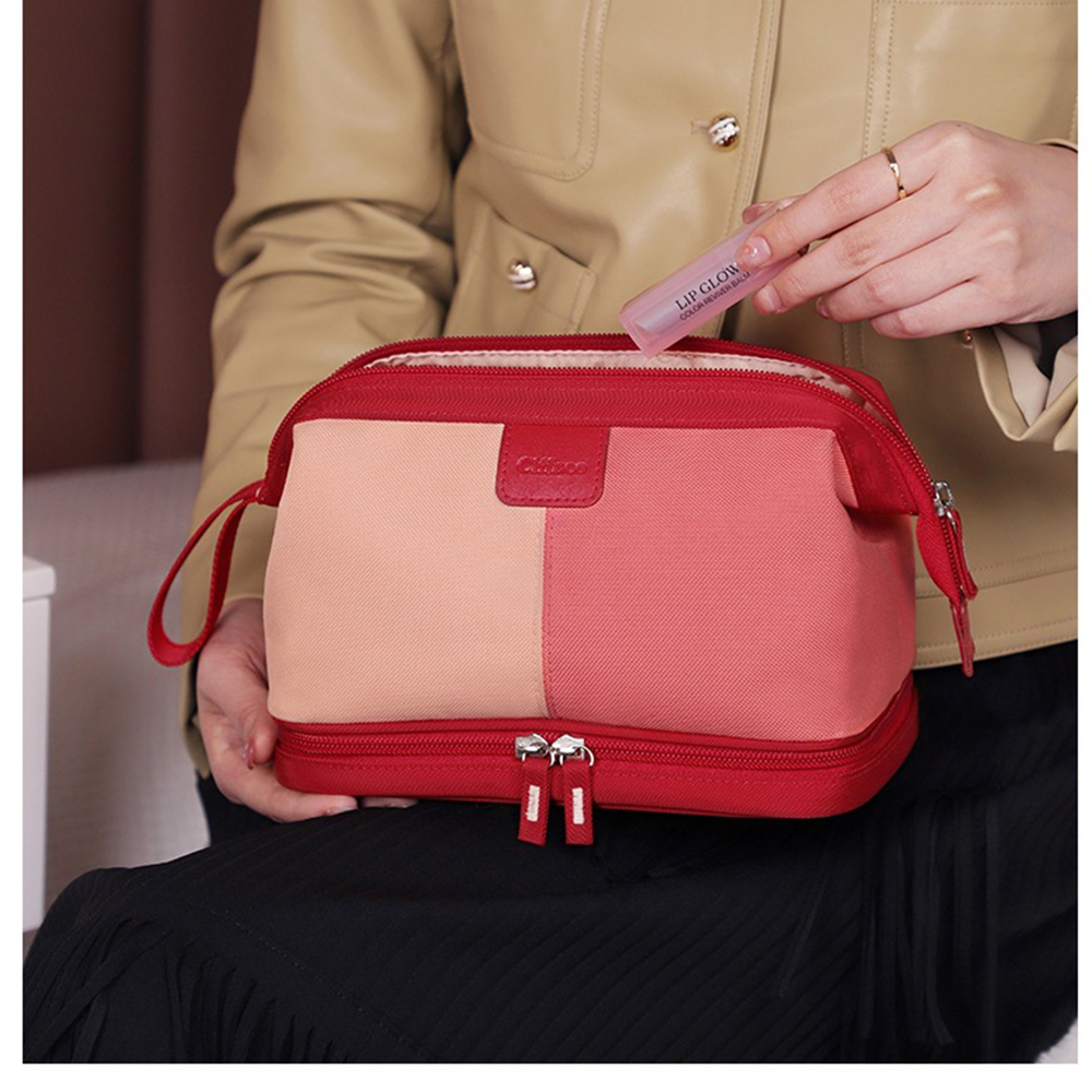 Waterproof Woman's Travel Toiletry Bag,Double Layer Makeup Cosmetic Organizer Pouch,Wet &Dry -Red