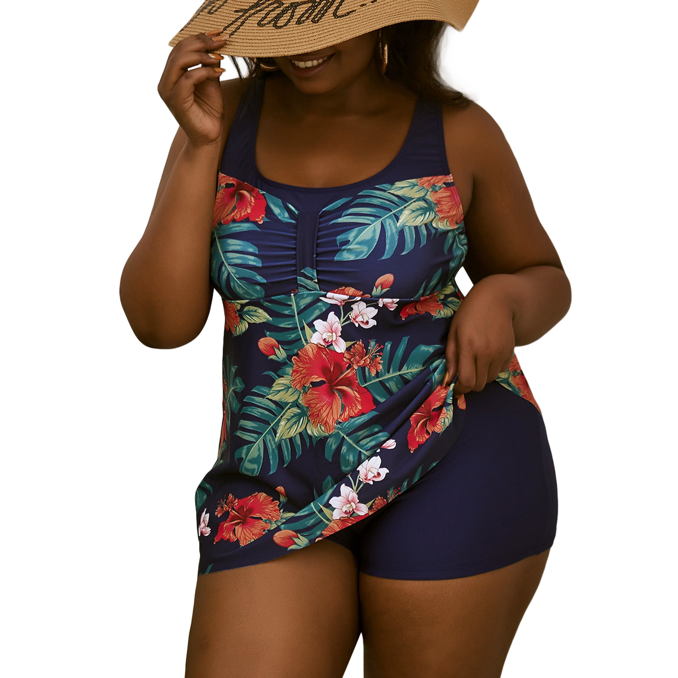 Womens Plus Size Tankini Bathing Suits Floral Print Swimsuits 2 Piece