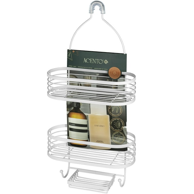 Acento 3-Tier Modern Hanging Shower Caddy, Non-Slip Neck & Suction Cups, No Drilling, Matte White