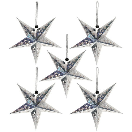 

NUOLUX 5PCS 30CM Shiny Ceiling Paper Star Lampshade Hanging Pentagram Ornament Party Home Decor for Wedding Christmas Silver