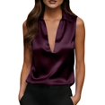 thumbnail image 2 of Women's Solid Color Satin Sleeveless Top with Deep V Neck and Turn Down Lapel Collar, Elegant Casual Blouse, for Summer Daily Wear or Office Outfits Red, 2 of 5