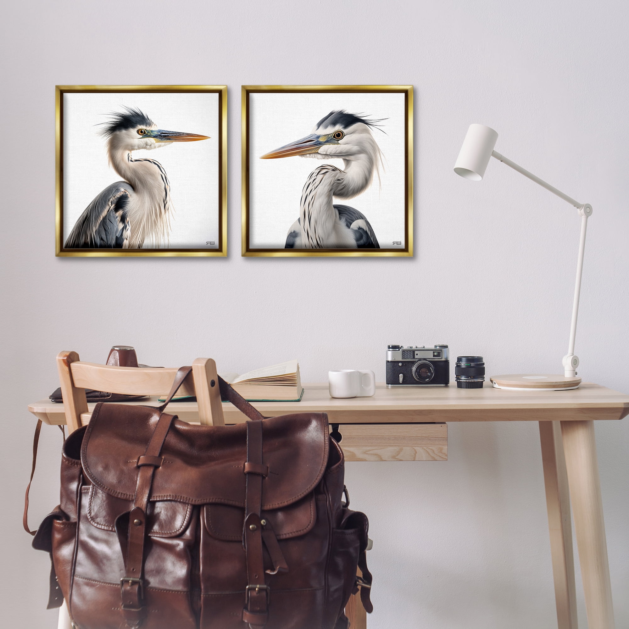 Stupell Industries Young Heron Birds Animals Painting Gold Floater Framed Canvas Art Print Wall Art, 18 x 18, Set of 2
