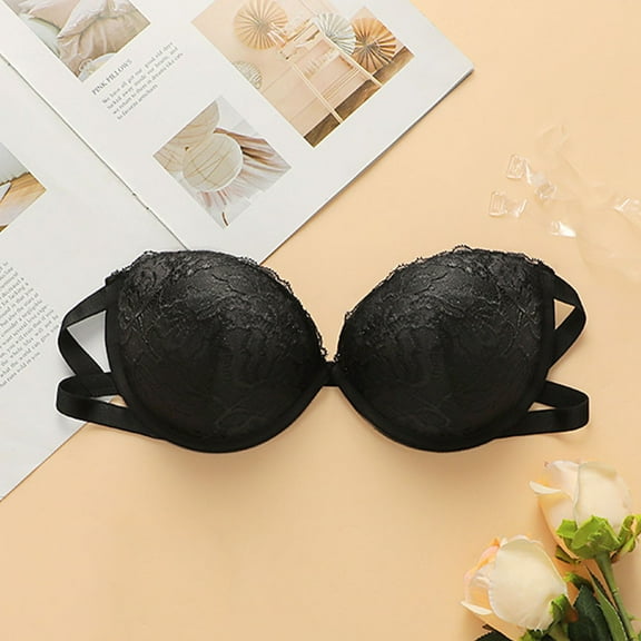YWDJ Push up Bras for Women Plus Size Back Closures Sleep Bras Underwire Comfy Bras Adjustable Straps Half Cup Wrap Lounge Bras Padded Lace Bras Solid Comfortable Bras Black M