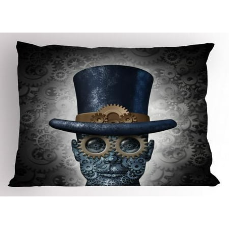 20 Inch Geared Head - Steampunk Pillow Sham Futuristic Fantasy Figure as Mechanical Human Head with Gears Cog and Hat, Decorative Standard Size Printed Pillowcase, 26 X 20 Inches, Grey Black Blue, by Ambesonne