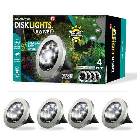 Bell   Howell Solar Powered Swivel Disk Lights, Outdoor Path Lights with 8 LED Bulbs, Stainless Steel 4 Pack