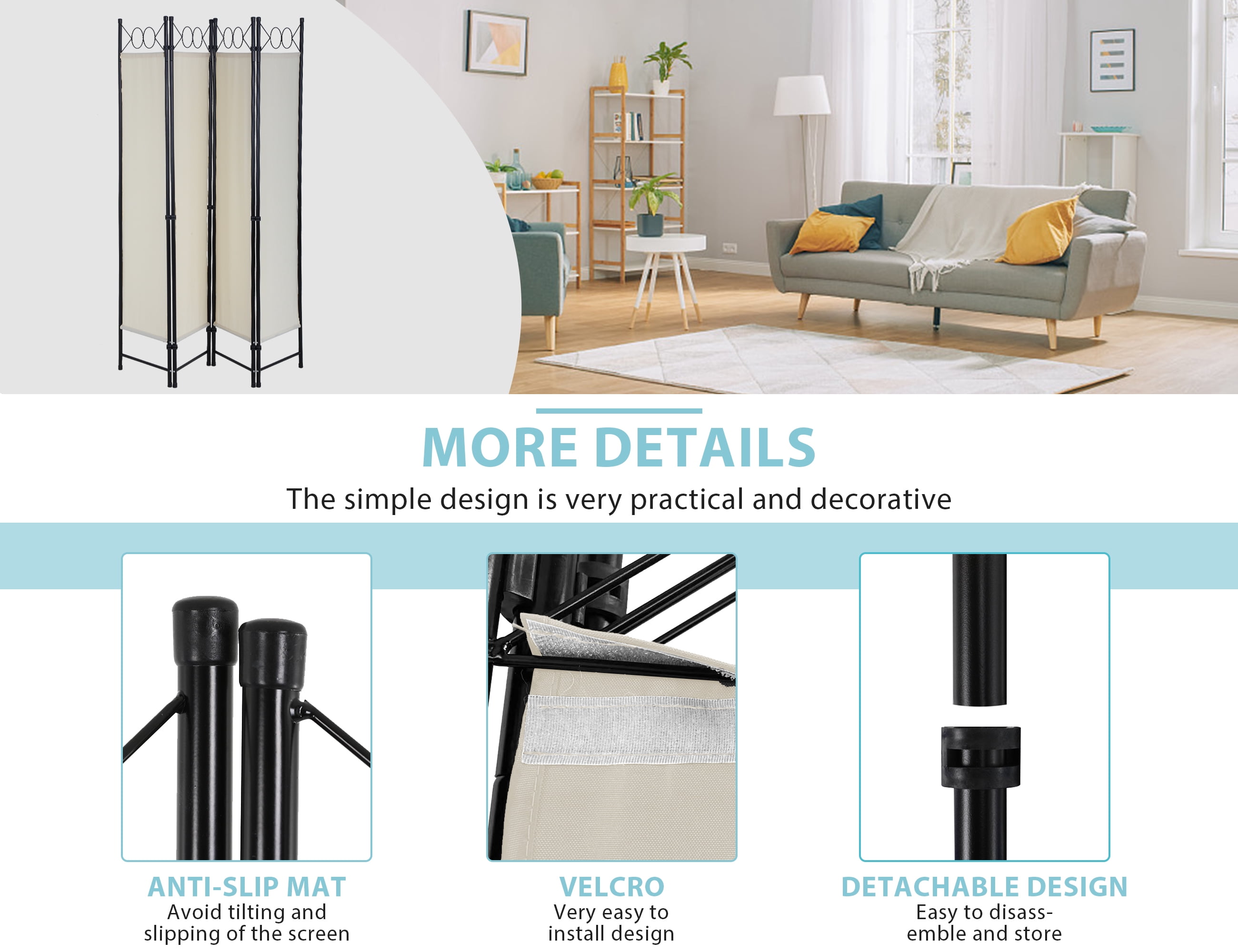 YRLLENSDAN Partition Room Dividers with 4 Panels, Steel Frame Folding Privacy Screen for Room 5.6Ft Portable Room Divider Screen Freestanding Fabric Room Divider