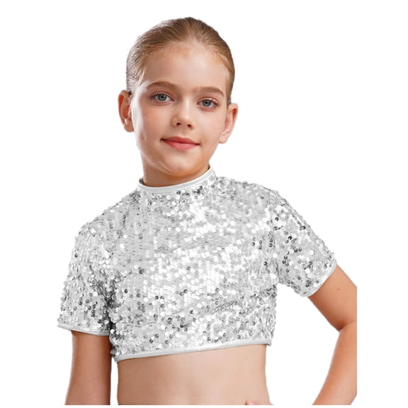 TiaoBug Kids Girls Shiny Sequined Crop Top Club Party Disco Shirt Jazz Hip-hop Dance Costume Silver 14