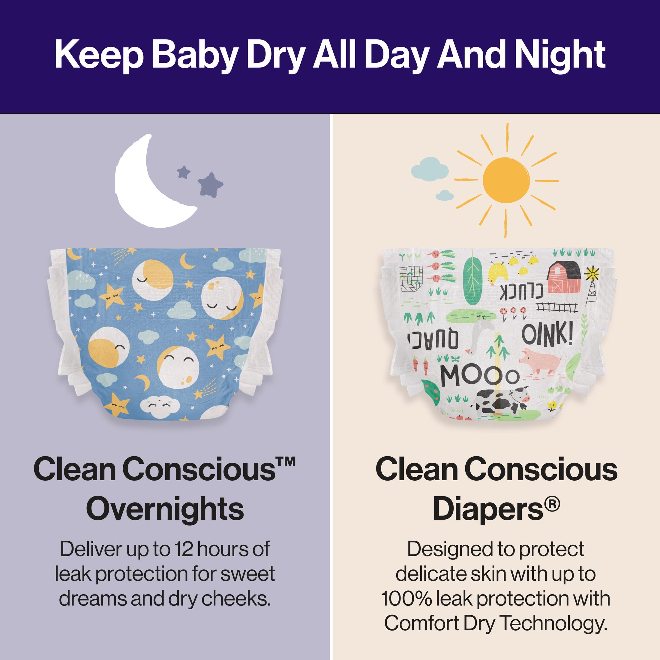 Clean Conscious™ Overnight Diapers | Up to 12 Hours of Protection | Hypoallergenic + Fragrance Free | Cozy Cloud + Star Signs | Size 4, 48 Count Club Box