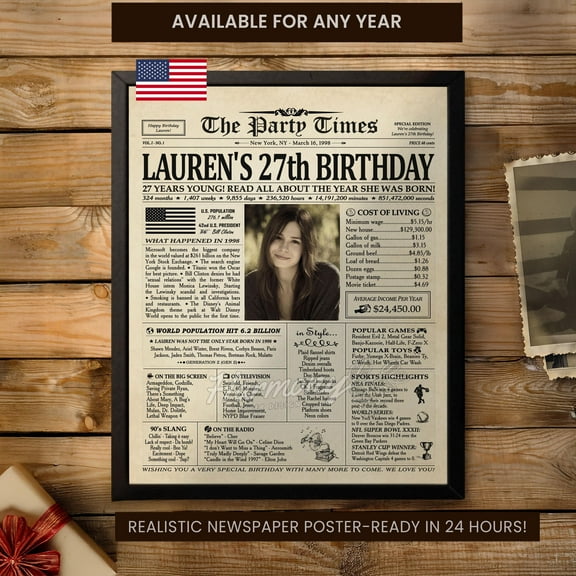 YaHaku 27th Birthday Newspaper Poster Sign, Back in 1998, Personalized Birthday Sign, Gift for Her or Him, Birthday Party Decoration, Party Favor