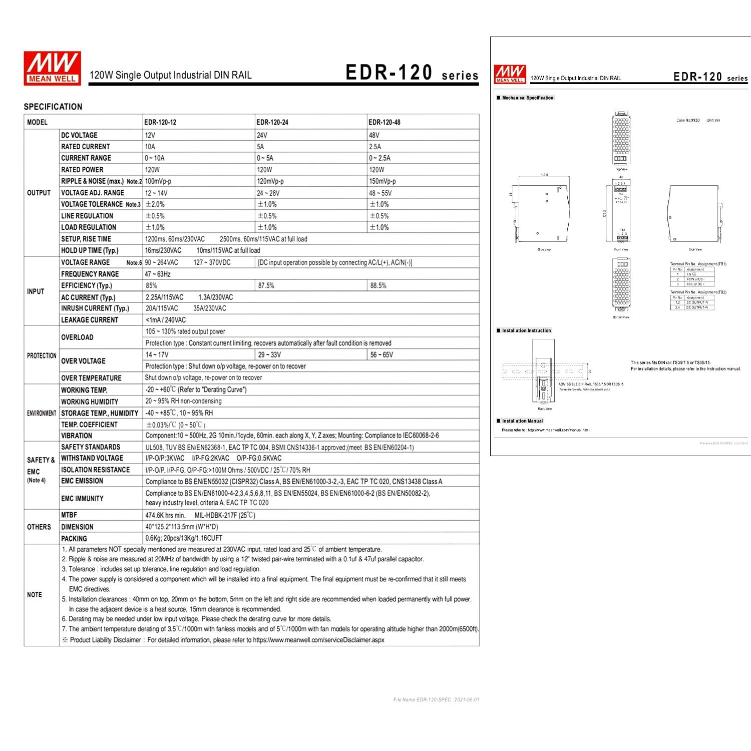 Feedannce DIN Rail Industrial Power Supply，MEAN WELL EDR-120-24 24V 5A 120W High Reliability