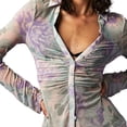 thumbnail image 3 of Douhoow Women Boho Floral Sheer Mesh Shirts V Neck Button Down Long Sleeve Slim Blouse Shirt Tops, 3 of 6