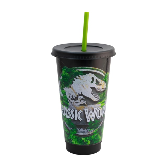 Vaso de Plástico con Popote Reutilizable y Tapa Segura, Vaso Reutilizable Jurassic World 680 ml, Para Agua, Jugo, Smoothies