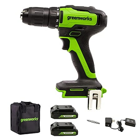 Greenworks - 24-Volt Cordless Brushless 1/2 in. Drill/Driver (2 x 1.5Ah USB Batteries, Charger and Bag) - Black/Green
