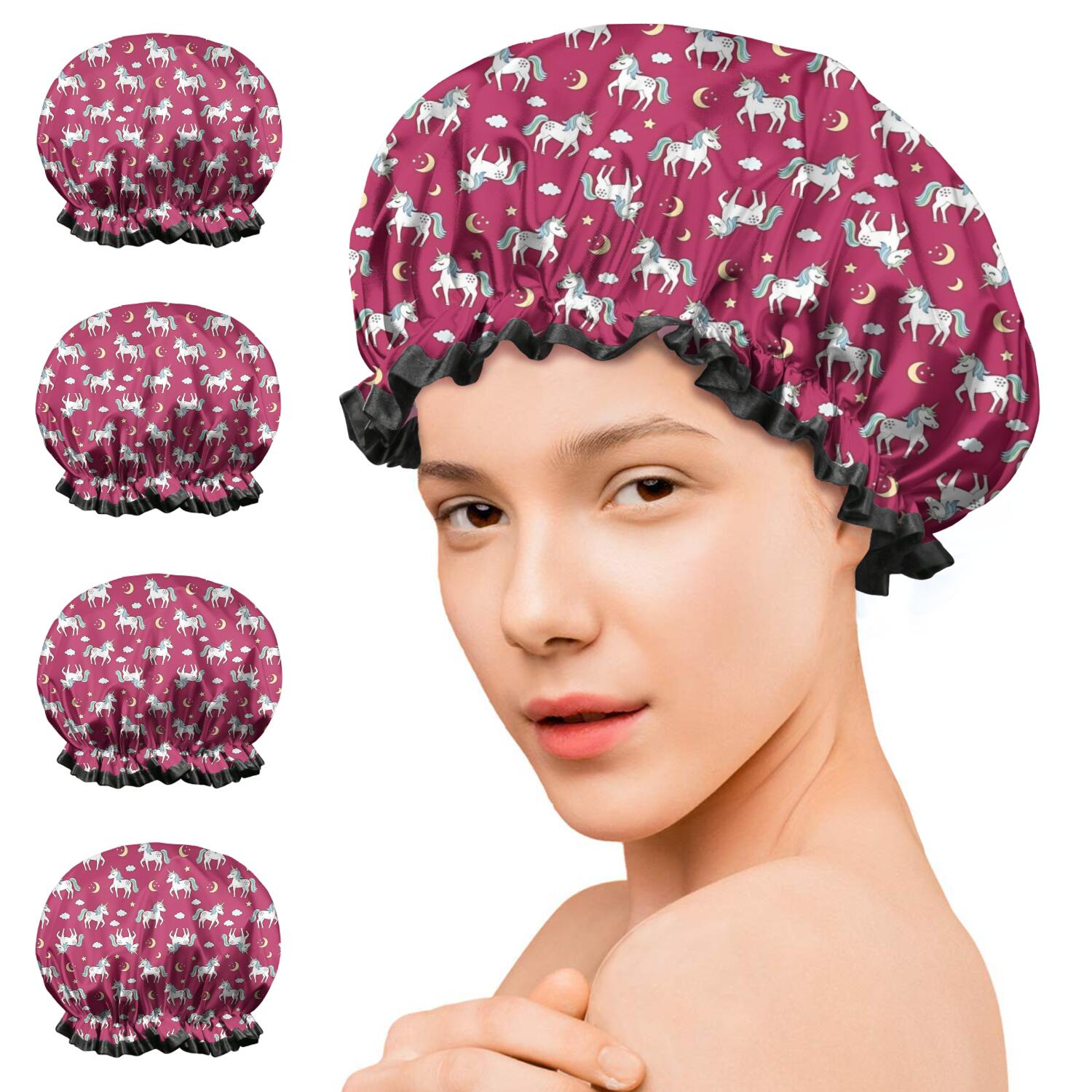 Shower Caps,Red Cartoon Unicorn Moon Star Cloud Pattern Waterproof Shower Cap for Women 4 Pieces,Double Reusable Hair Cover for Shower PEVA Elastic Stretch Hem