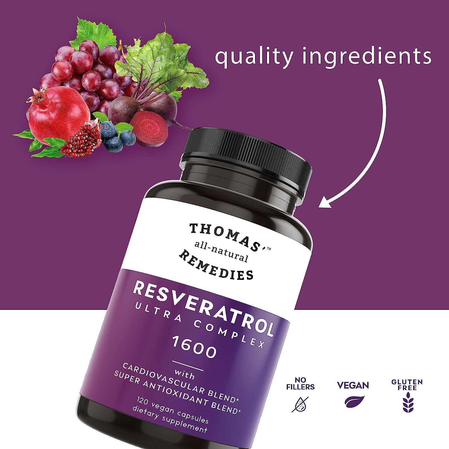 Thomas' all-natural Remedies Resveratrol 1600mg Organic Trans-Resveratrol Antioxidant Supplement ,Organic Grape Seed Extract and Quercetin- 120 Capsules