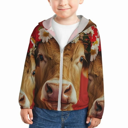 

Ocsxa White And Red Daisy Cow Print Kids Active Zipper Sun Protection Jacket Boys Girls Hooded Cooling Shirt-2 Years