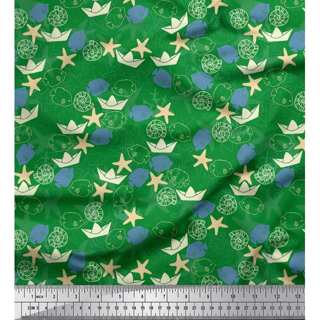 Soimoi Moss Georgette Fabric Paper Boat,Fish & Starfish Ocean Print Fabric by The Yard 42 Inch Wide