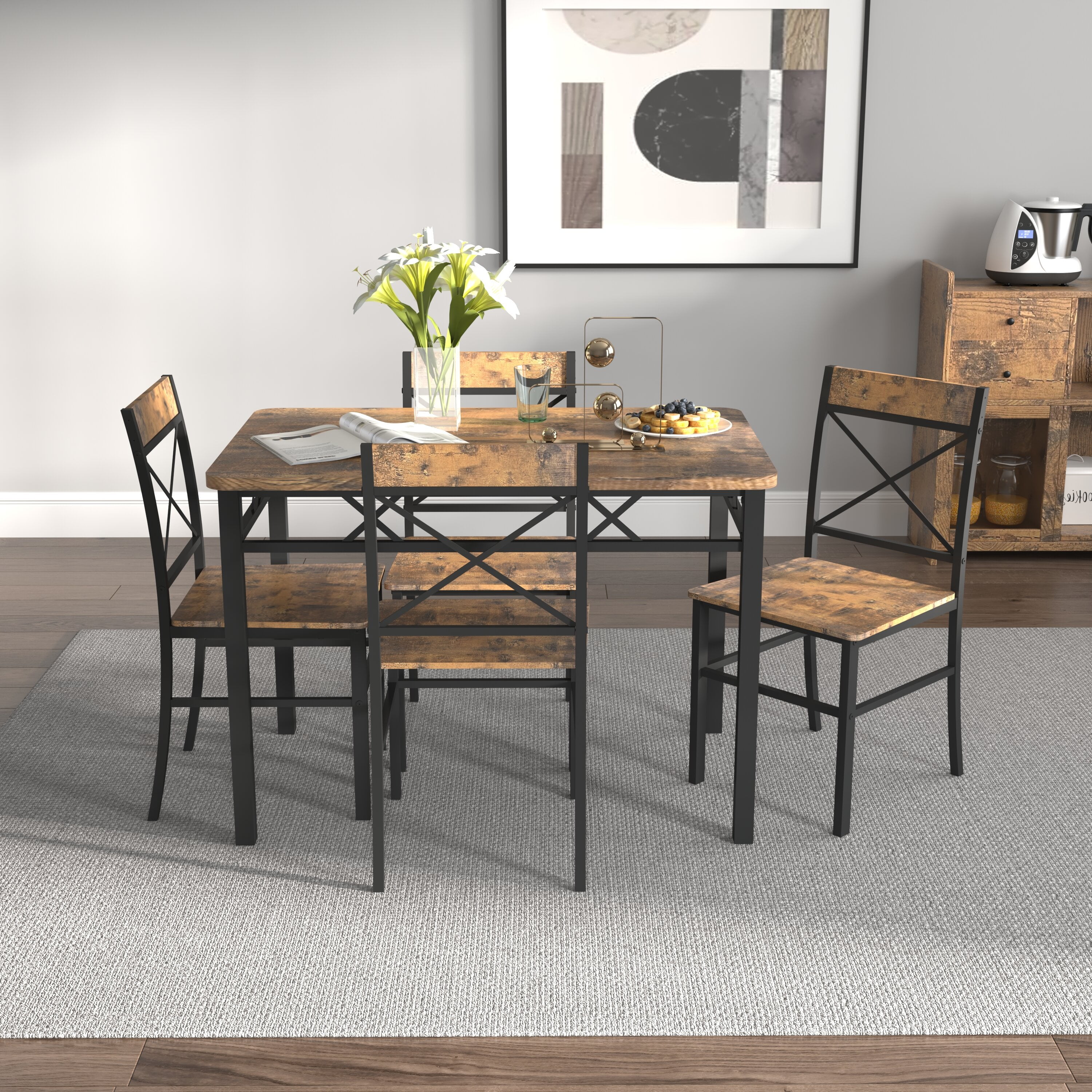 Yoneston 5-Piece Dining Table Chair Set, 43" Rectangular Kitchen Table with 4 Chairs for Breakfast Nook, Home Dining Room Pantry Canteen Café, Brown