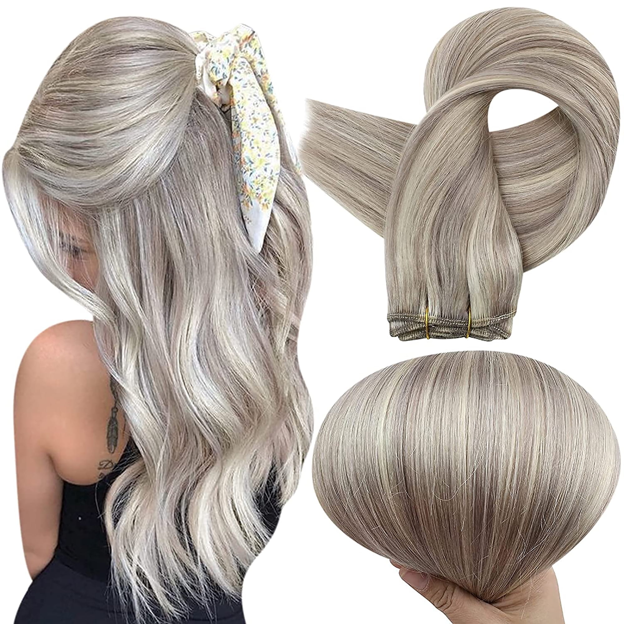 Full Shine Hair Weft Grey Highlights Platinum Blonde Hair Weft Bundles 100g  Remy Hair Extensions 22 inch 