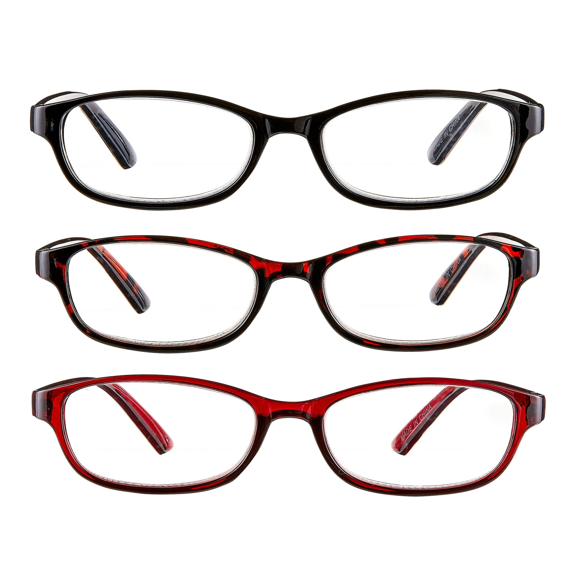 Equate Women's Rectangular Reading Glasses, Black/Wine/Tortoise, +1.75, 3 Pack