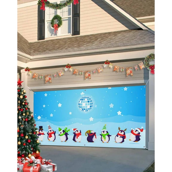 Garage Door Banner Cover 7 x 16 ft, Cute Penguin Snowing Blue Christmas Garage Door Decorations Holiday Christmas Backdrop Decor for Winter New Year Xmas Party