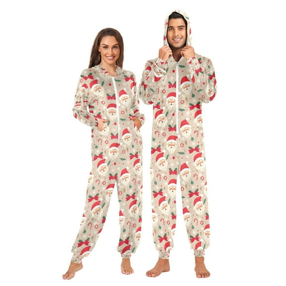 Adult Christmas Onesie Christmas Santa Claus Face Candy Adult Zipper One-Piece Pajamas Unisex Pajamas with Pockets