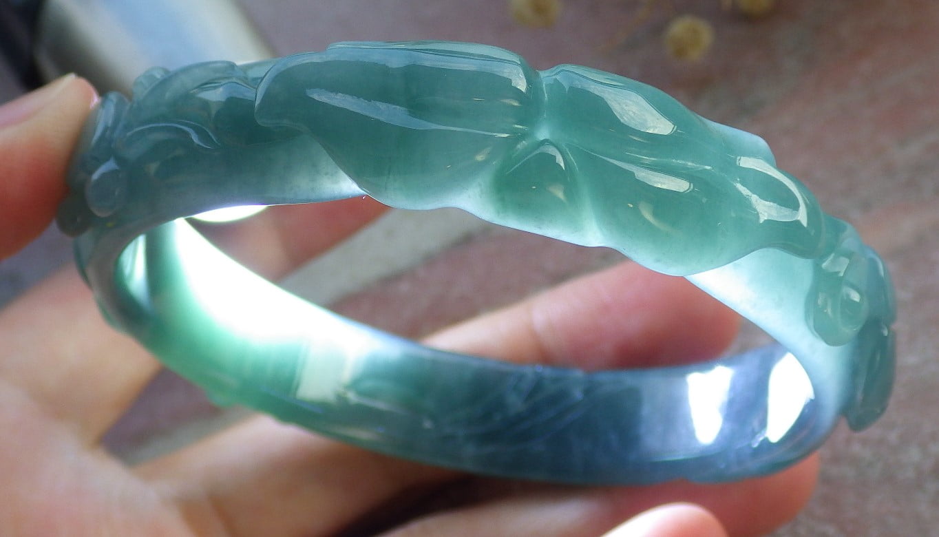 Icy Green Natural A JADE Jadeite Crab Coin Lotus Leaf Bangle Bracelet 62 mm 680598 TN