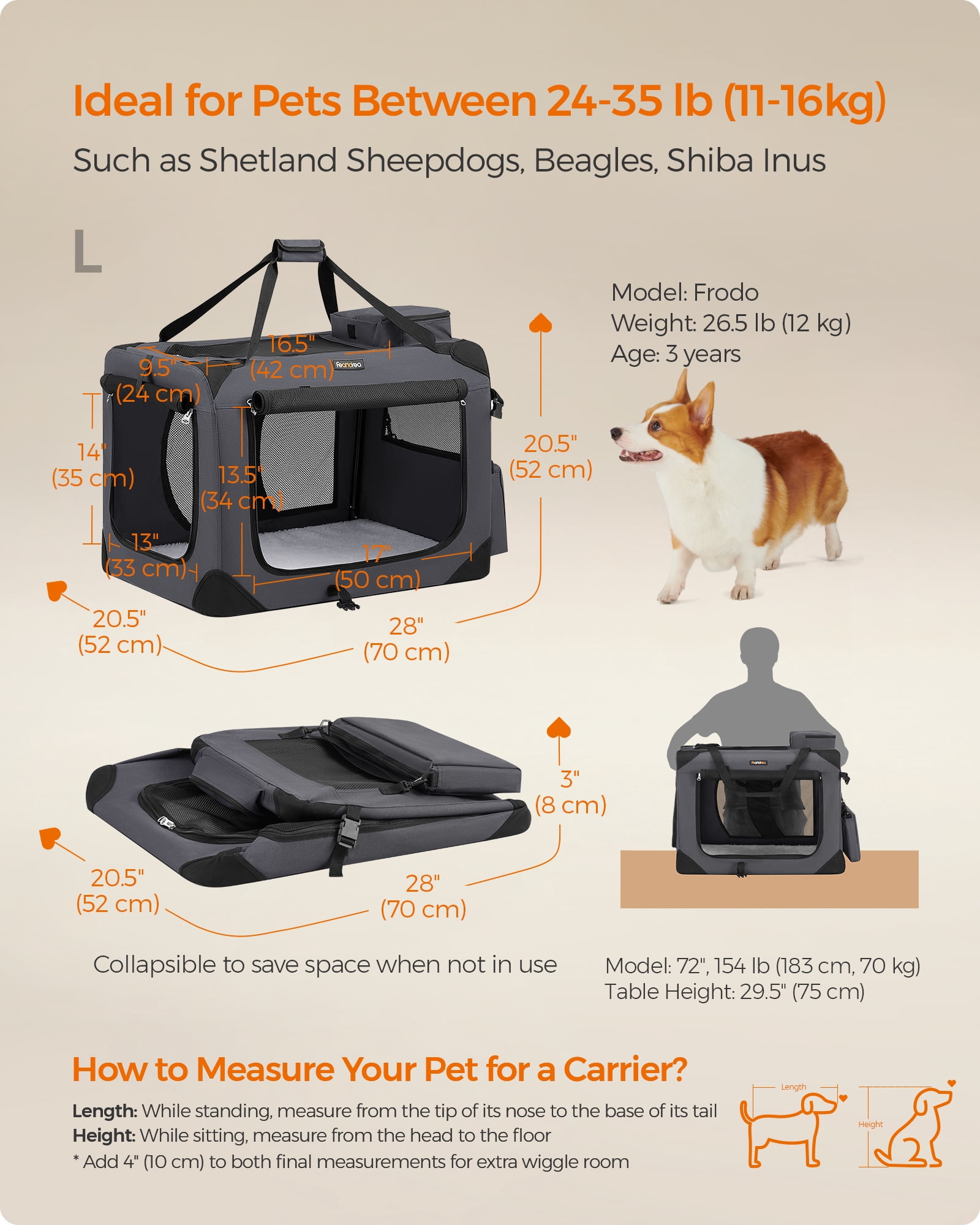 Feandrea Dog Crate, Collapsible Pet Carrier, L, Portable Soft Dog Crate, Oxford Fabric, Mesh, Metal Frame, with Handle, Storage Pockets, Gray