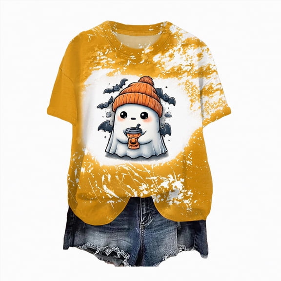 mgoYE Halloween Tshirts Women Women Fall Halloween Doodles V Neck Shirt Funny Family Party Celebration Short Sleeve Tee Pumpkin Graphic Thanksgiving Tops(Yellow,2XL)