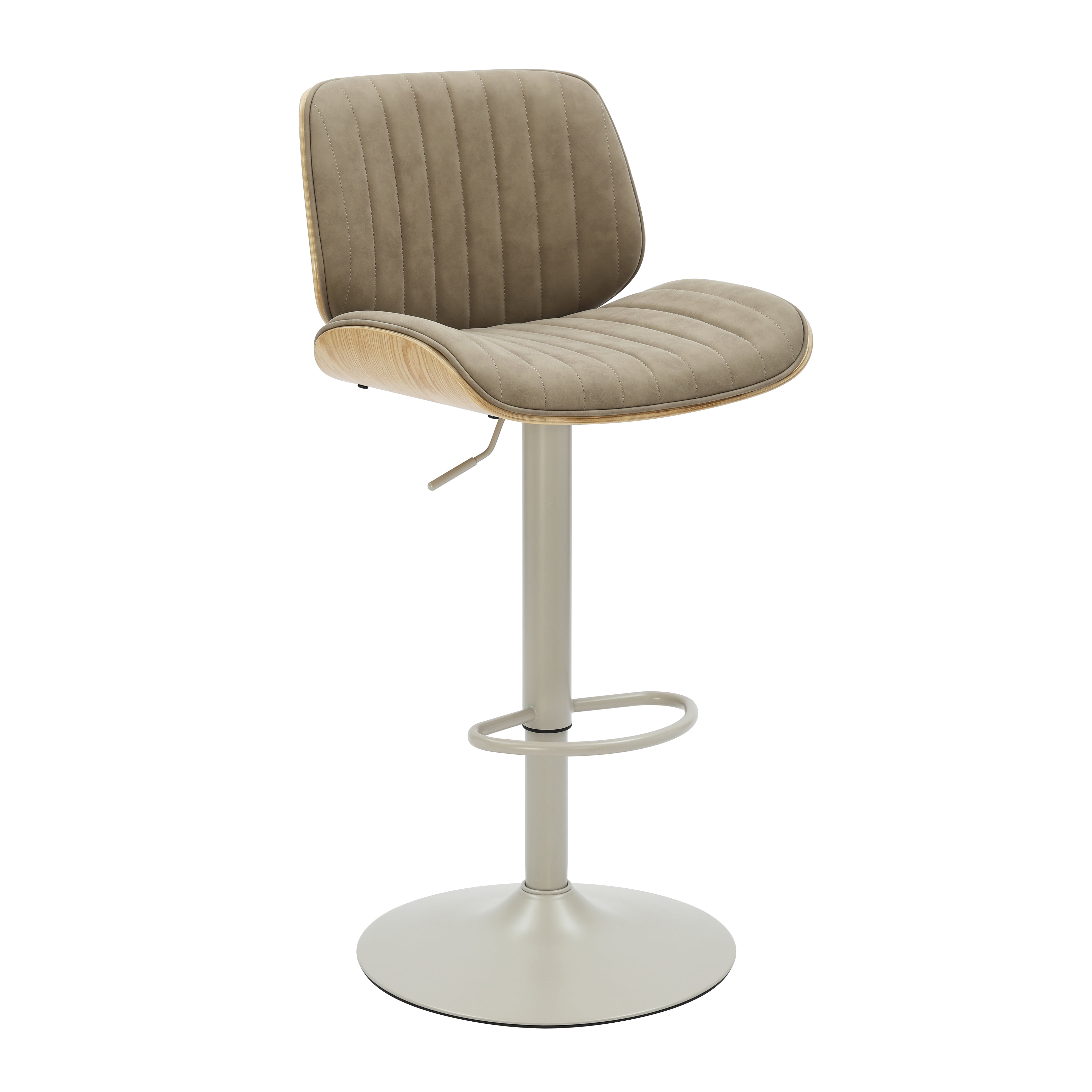Brock Adjustable Swivel Vintage Taupe Curved Back Wood Bar Stool with Faux Leather Seat