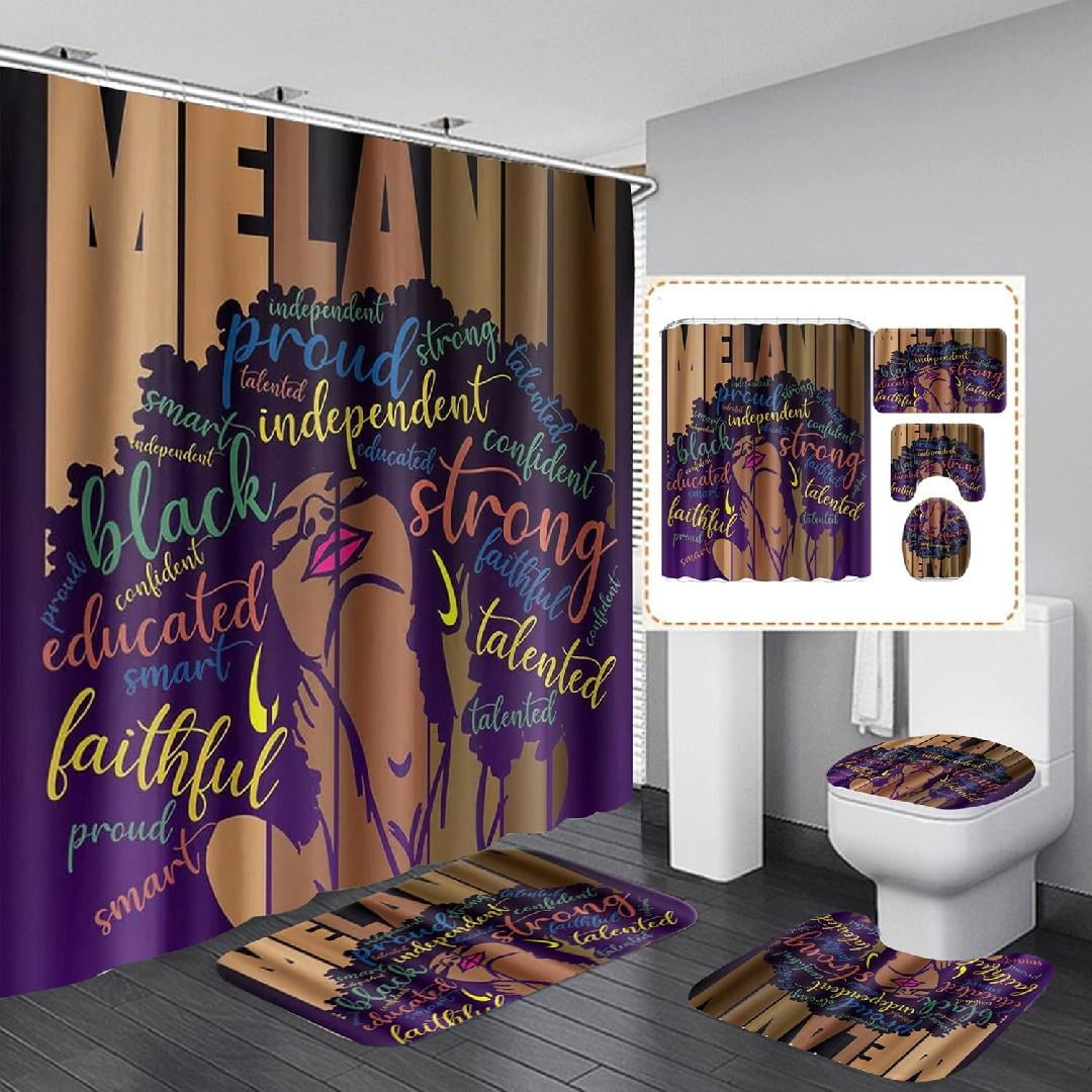 Black African Girl Bathroom Sets with Shower Curtain and Rugs, Toilet
