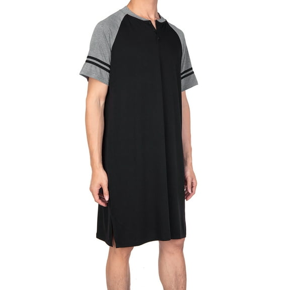 Wacanda Men Comfort Top Long Nightshirt Sleep Shirt Comfy Short Sleeve Henley Sleepwear