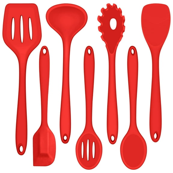 Walchoice 7-Piece Silicone Cooking Utensils Set, Red Kitchen Utensils, Non-stick Gadgets Tools Include Slotted Turner, Soup Ladle, Pasta Server
